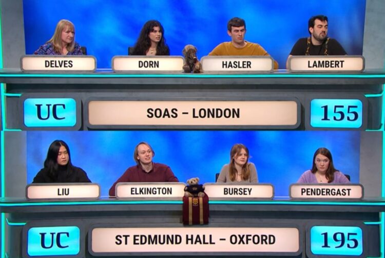 Match 1 final result The SOAS and St Edmund Hall University Challenge teams at the final result