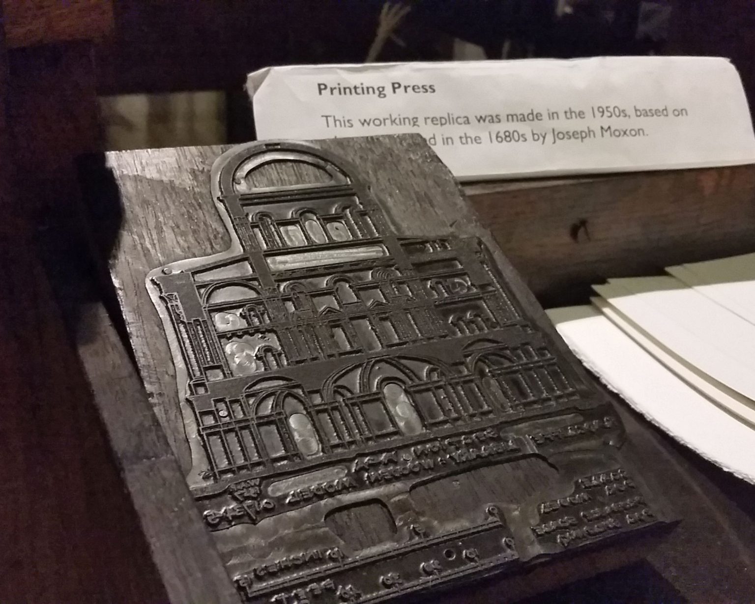 Historic printing press for Radcliffe Camera image - at Polonsky digitization project Historic printing press with Radcliffe Camera plate