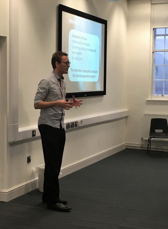 Schools Liaison Officer Luke Maw delivers a talk in collaboration with Amber Cuttill from Pembroke College Cambridge at Wyggeston and Queen Elizabeth College in Leicester Schools Liaison Officer Luke Maw delivers a talk in collaboration with Amber Cuttill from Pembroke College Cambridge at Wyggeston and Queen Elizabeth College in Leicester