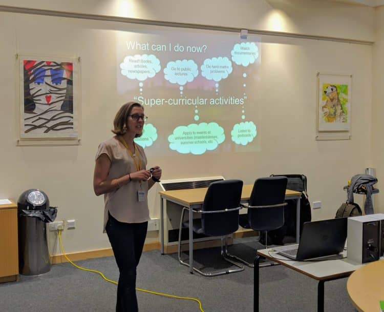 Amber Cuttill from Pembroke College Cambridge delivering a talk with Luke Maw at Wigston College, Leicester Amber Cuttill from Pembroke College Cambridge delivering a talk with Luke Maw at Wigston College, Leicester