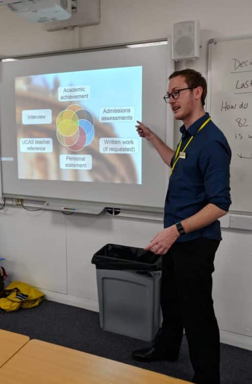Schools Liaison Officer Luke Maw delivering a talk to Year 11 students from Kibworth School at Robert Smyth Academy Schools Liaison Officer Luke Maw delivering a talk to Year 11 students from Kibworth School at Robert Smyth Academy