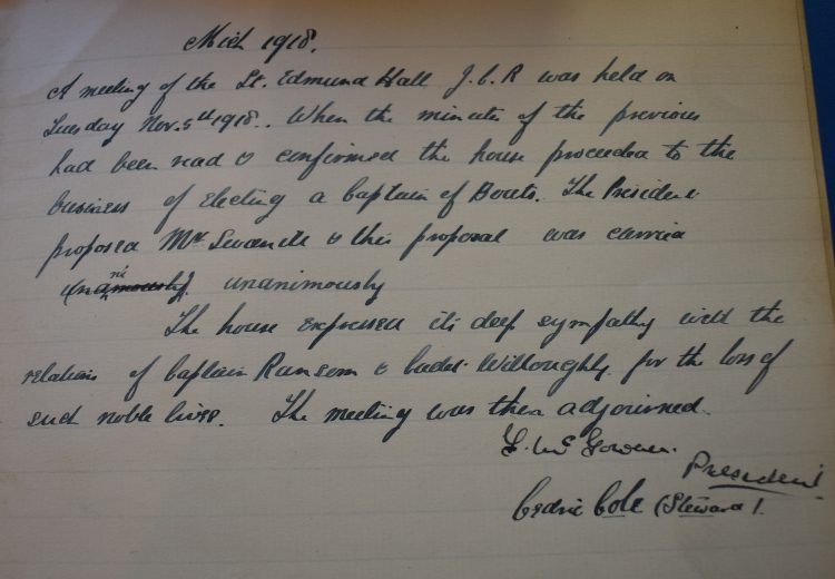 JCR minute book JCR Minute Book - entry for 1918