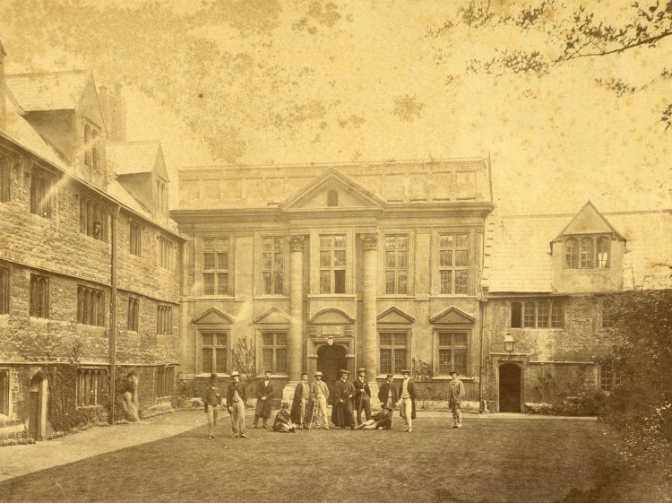 Vice-Principal Liddon with undergraduates in the Front Quad - 1862 - from Archive Vice-Principal Liddon with undergraduates in the Front Quad in1862