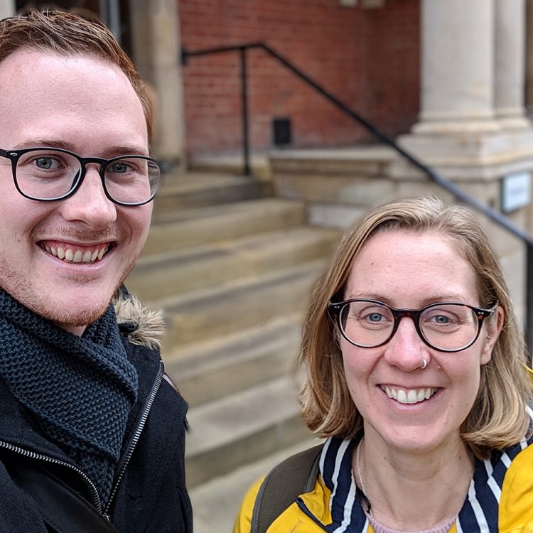 Luke Maw and Amber Cuttill on Outreach Roadshow 2018 in Leicestershire Luke Maw and Amber Cuttill outside one of the schools on the Outreach Roadshow 2018 in Leicestershire