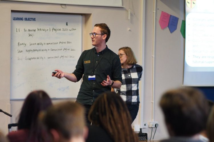 Luke at De Lisle College on outreach roadshow - 19 Nov 2018 Luke Maw and Amber Cuttill speaking to students about applying to Oxford, at De Lisle College
