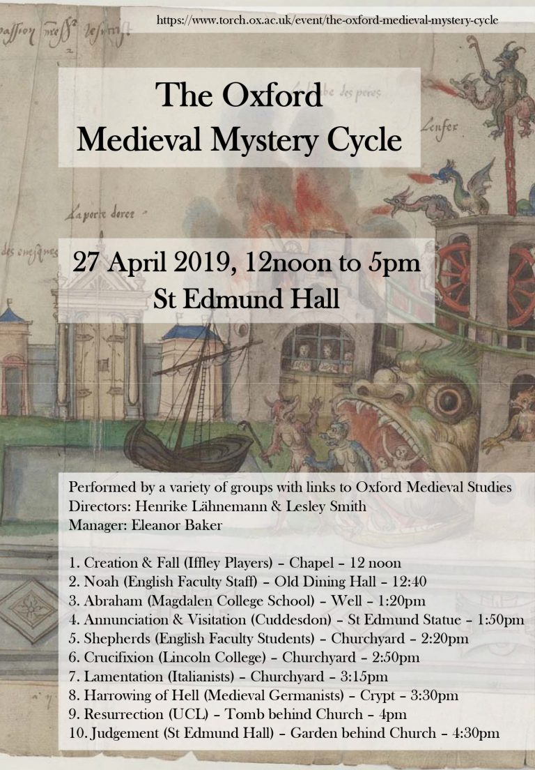 Poster for the medieval mystery play cycle 2019 at St Edmund Hall Poster for 2019's medieval mystery cycle at St Edmund Hall