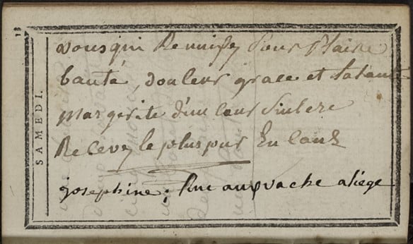 Quatrain adn note in black ink Quatrain and note in black ink with notes underneath, the latter possibly made using the volume's metal stylus (?) (Bibliothèque Carré d'art, Nîmes / Gallica)