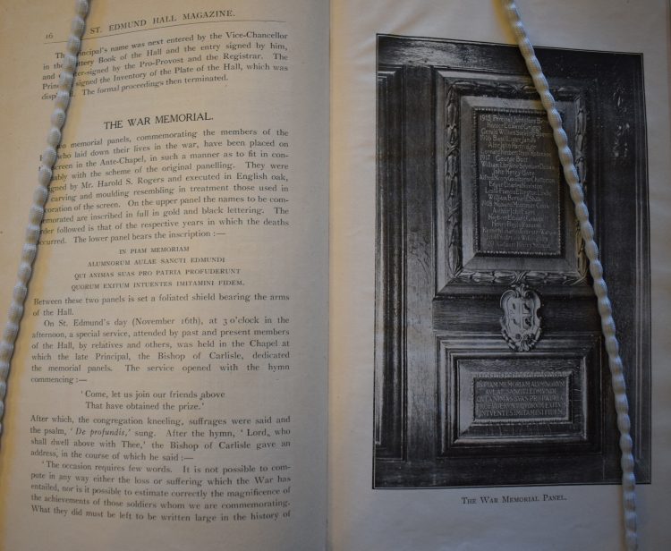 SEH Magazine 1920-21 - War Memorial An article on the War Memorial in the Chapel, in the St Edmund Hall Magazine for 1920-21