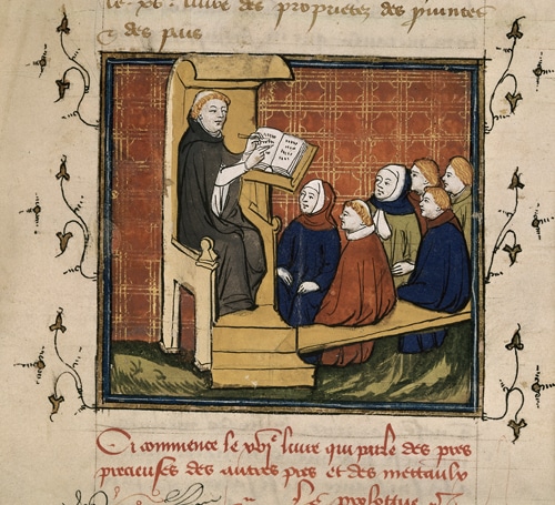 Royal 17 E.III, f.209 A scribe demonstrating to his pupils.